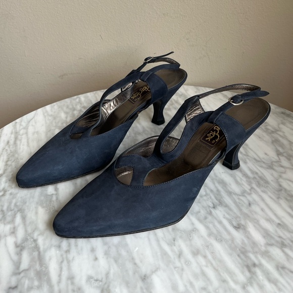 Vintage Peter Fox Navy Suede Kitten Heel Pumps - Picture 1 of 8